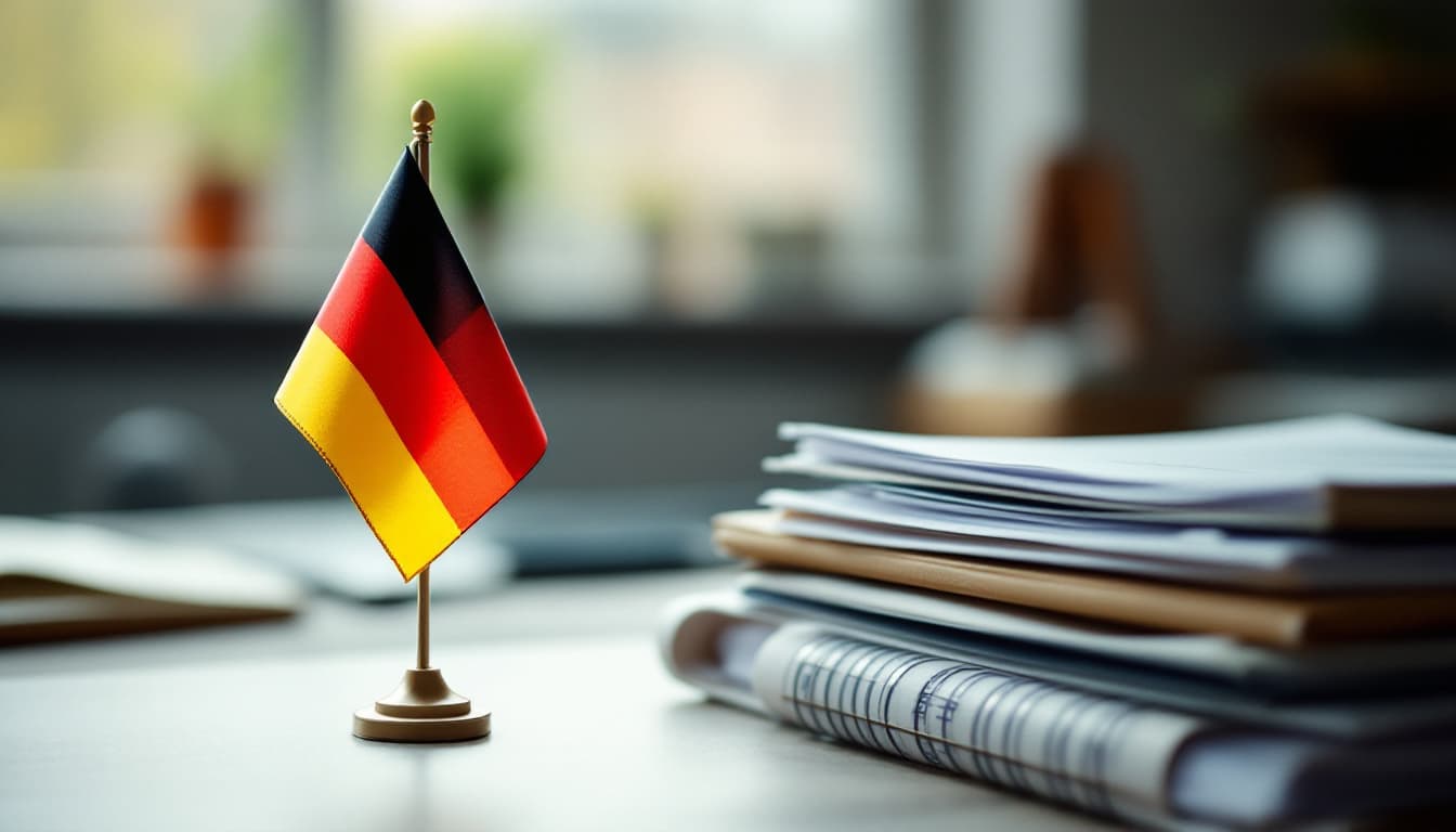 Kleine Deutschlandfahne und Unterlagen auf einem Schreibtisch — Einbürgerung und Aufenthalt