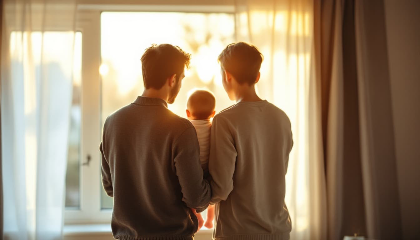Eltern mit Baby am Fenster — Leistungen rund um Familie und Kind