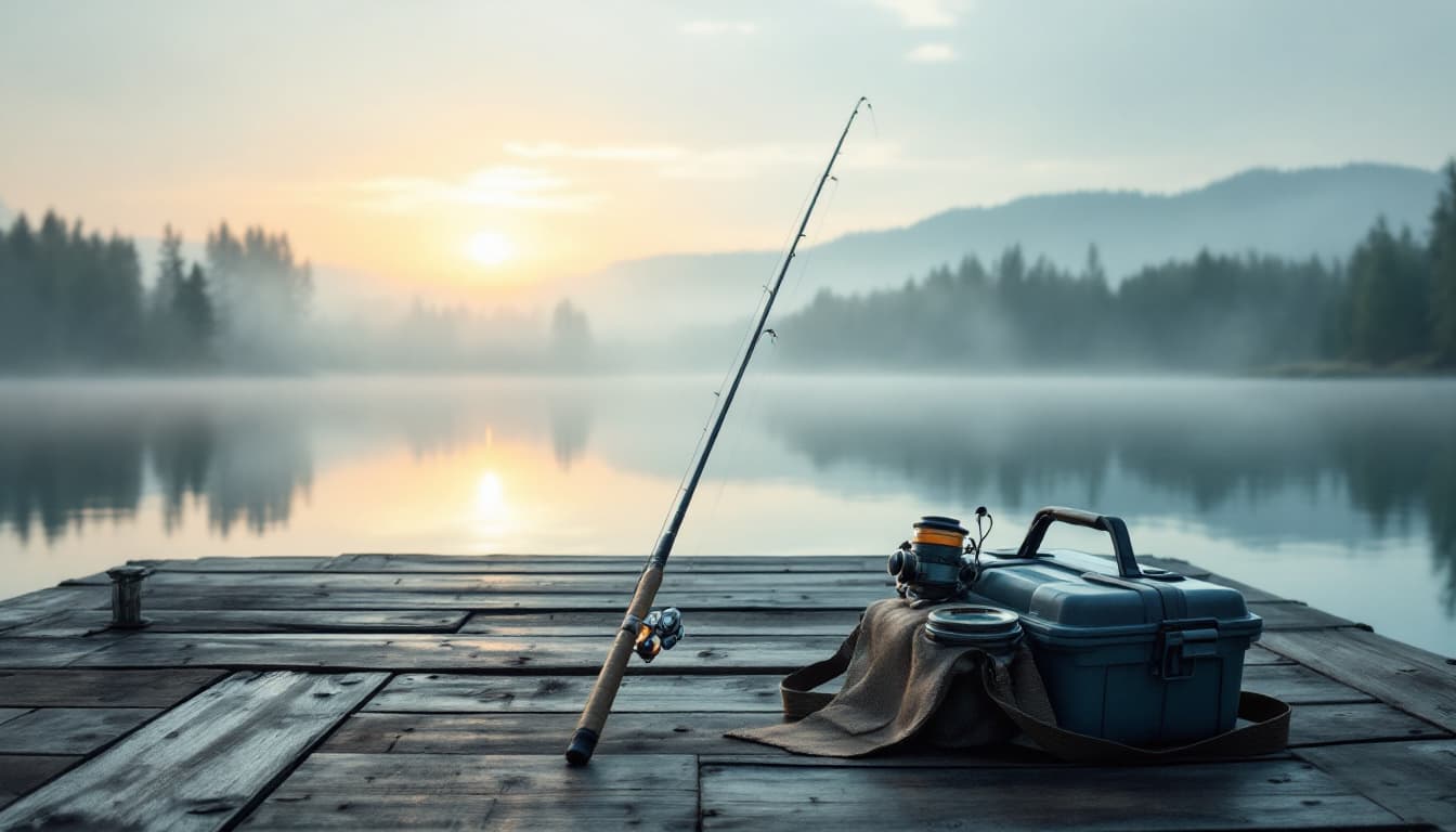 Angelrute am Steg eines ruhigen Sees bei Sonnenaufgang